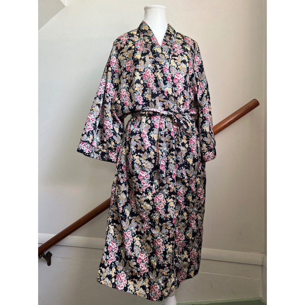 Vintage 90s Black Floral Robe Large Long Loungewear Boho Butterflies Shabby Dark